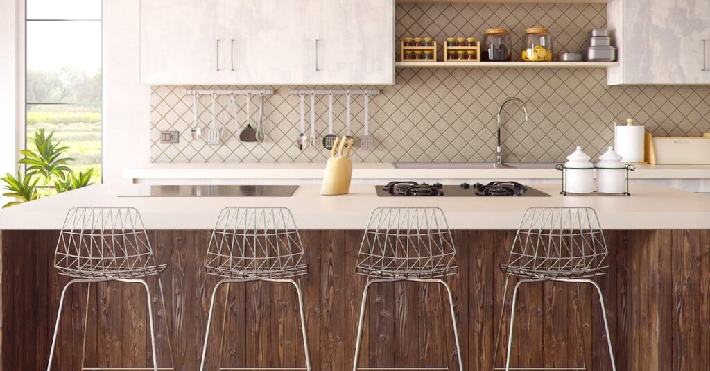 Four Gray Bar Stools in Front of Kitchen Countertop